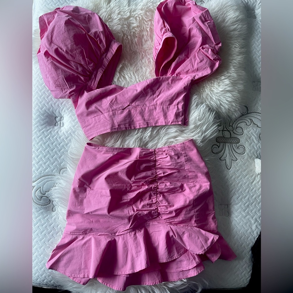 Showpo Pink Two-Piece Skirt and Shirt Set